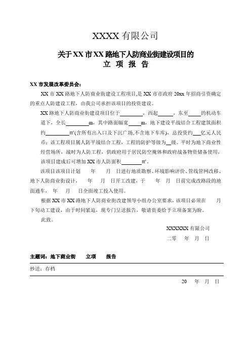 商业地产关于办理XX地下人防商业街建设项目的立项报告