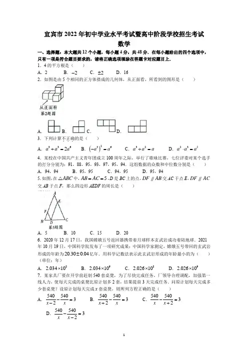 2022年四川省宜宾市中考数学试题及参考答案