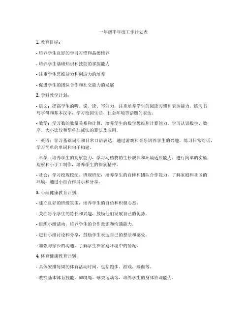 一年级半年度工作计划表