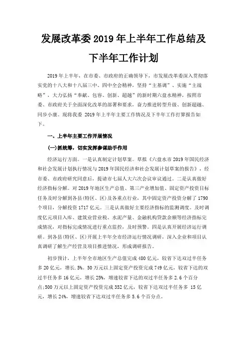 最新-发展改革委2019年上半年工作总结及下半年工作计划 精品