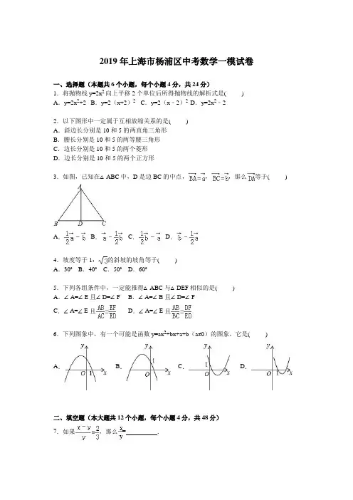 2019年上海市杨浦区中考数学一模试卷含答案解析