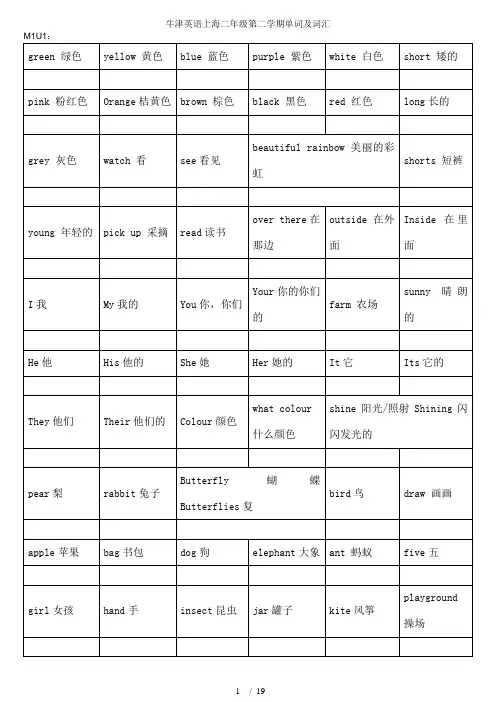 牛津英语上海二年级第二学期单词及词汇