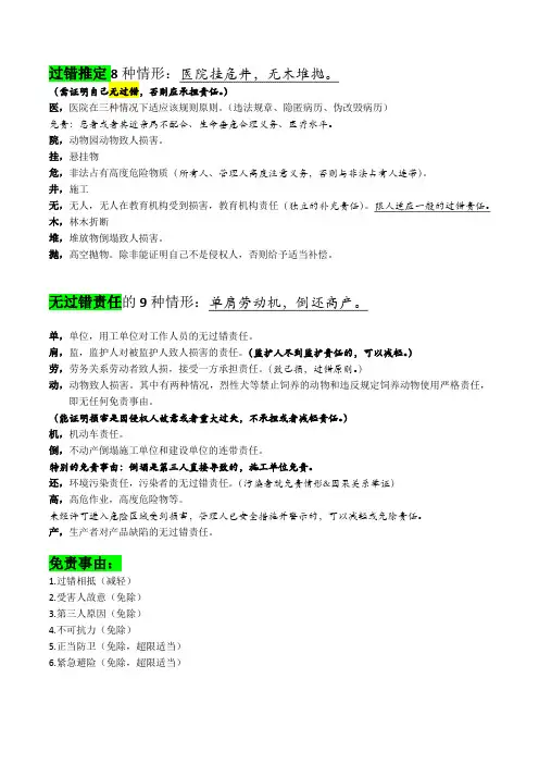 司法考试资料—侵权责任法无过错&过错推定责任总结