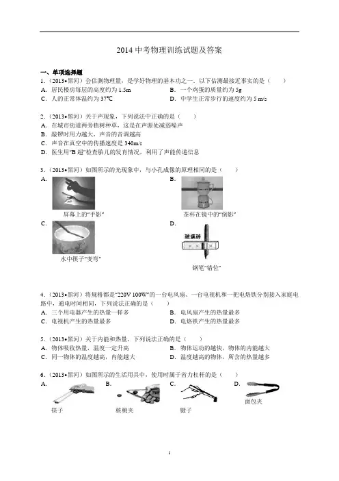 2014中考物理训练试题及答案