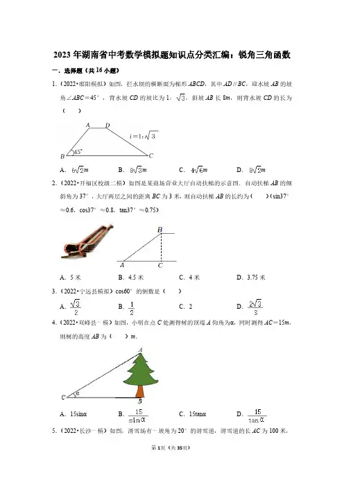 2023年湖南省中考数学模拟题知识点分类汇编：锐角三角函数(附答案解析)