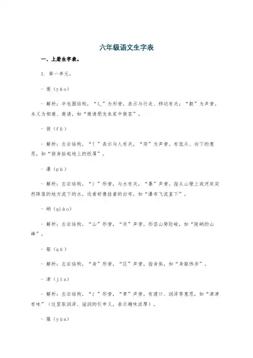 六年级语文生字表