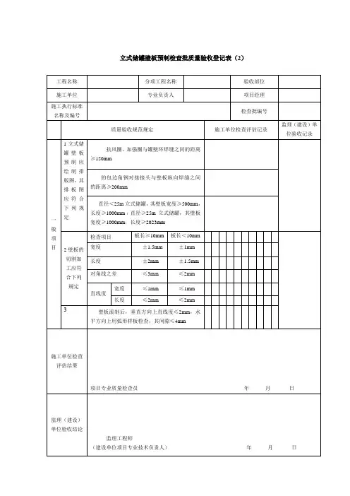 立式储罐壁板预制检验批质量验收记录表