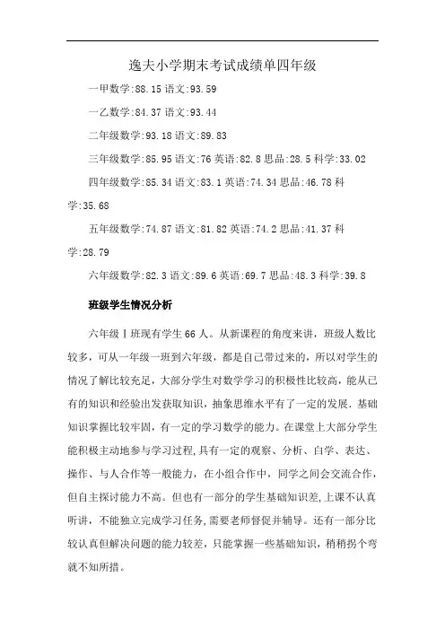 逸夫小学期末考试成绩单四年级