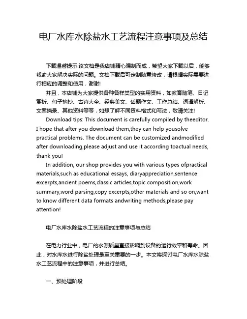 电厂水库水除盐水工艺流程注意事项及总结