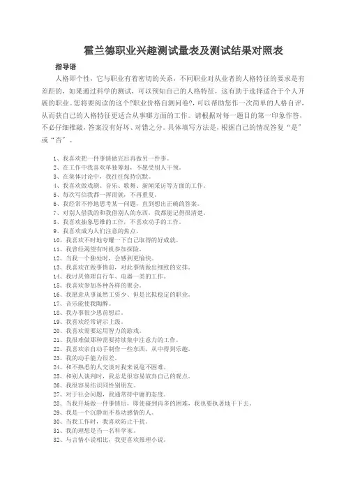 霍兰德职业兴趣测试量表及测试结果对照表