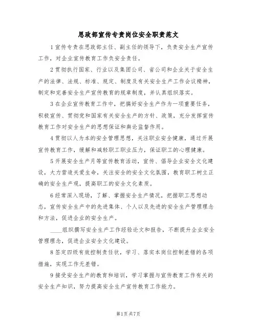思政部宣传专责岗位安全职责范文（3篇）