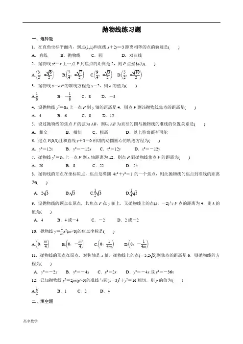 高中数学抛物线练习题(含答案)