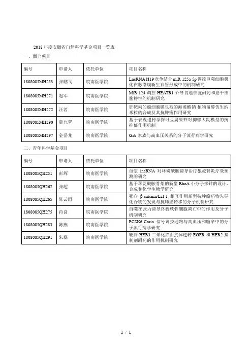 2018年度省自然科学基金项目一览表