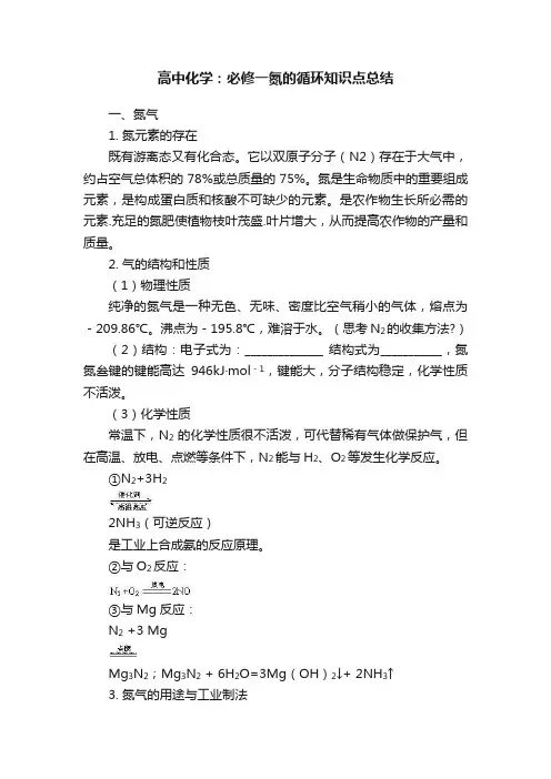 高中化学：必修一氮的循环知识点总结