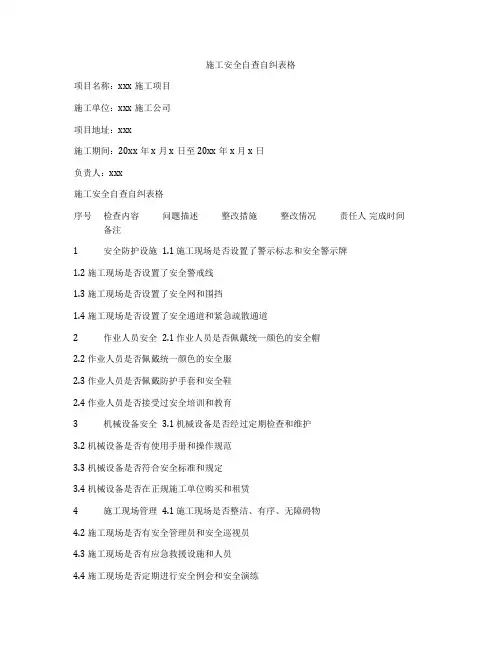 施工安全自查自纠表格