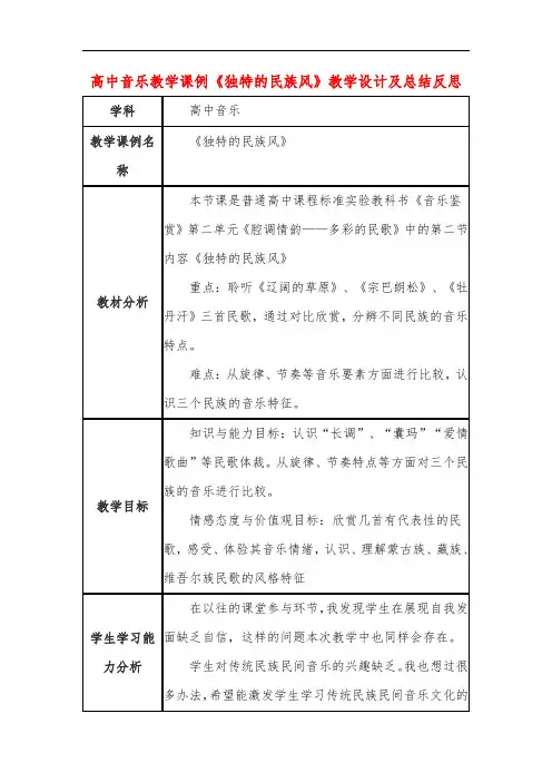 高中音乐教学课例《独特的民族风》课程思政核心素养教学设计及总结反思