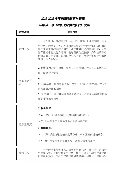 最新2024-2025学年未来版体育与健康一年级全一册《积极进取挑战自我》教学设计
