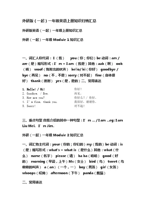 外研版（一起）一年级英语上册知识归纳汇总