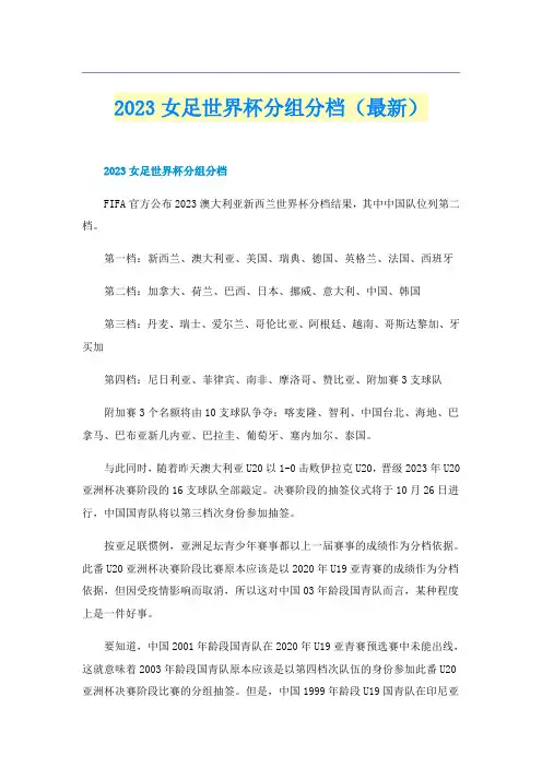 2023女足世界杯分组分档（最新）