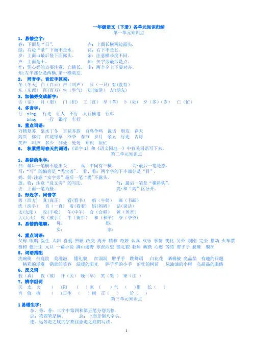 (最新整理)人教版一年级语文(下册)各单元知识归纳