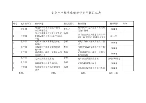 安全生产标准化绩效评定问题汇总表