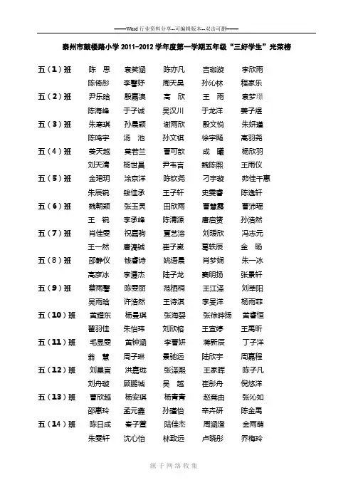 泰州市鼓楼路小学2008-2009学年度第二学期五年级三好学生