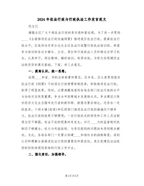 2024年依法行政与行政执法工作发言范文(二篇)