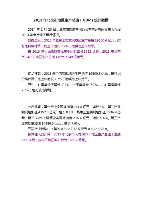 2013年北京市地区生产总值（GDP）统计数据