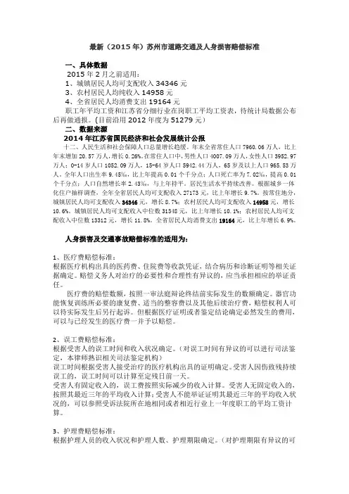 2015年最新苏州市交通事故、人身损害赔偿标准