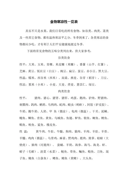 食物寒凉性一览表