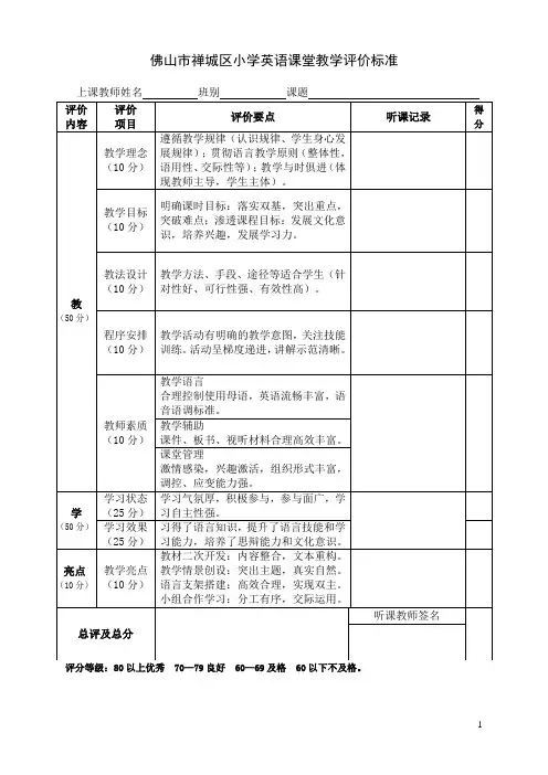 小学英语课堂教学评价标准