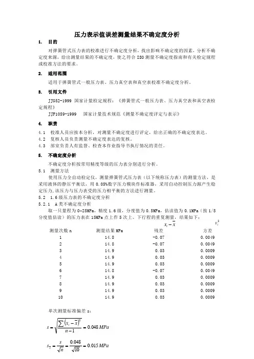 压力表示值误差测量结果不确定度分析