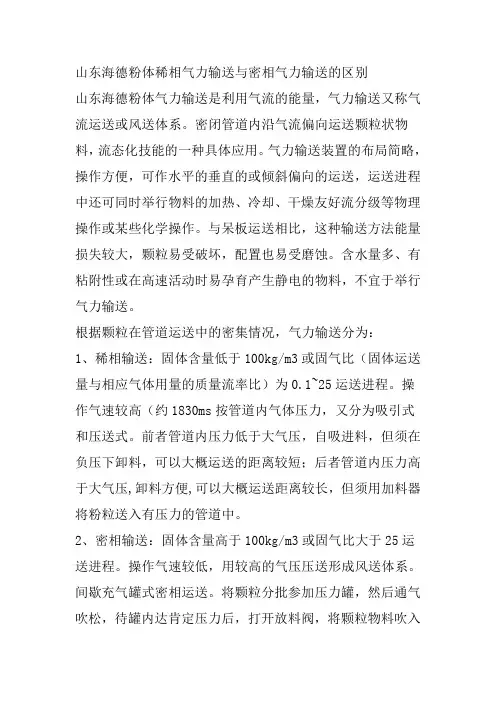 稀相气力输送与密相气力输送的区别