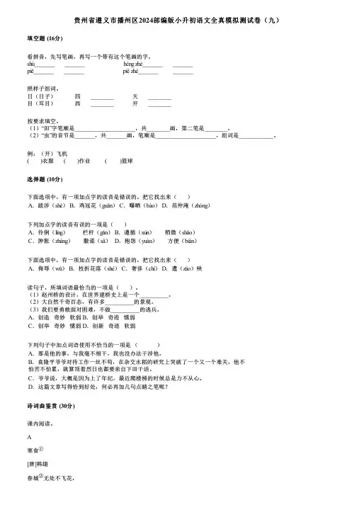 贵州省遵义市播州区2024部编版小升初语文全真模拟测试卷(九)