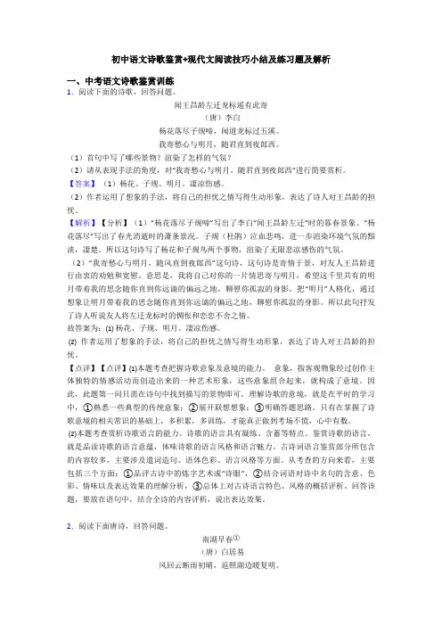 初中语文诗歌鉴赏+现代文阅读技巧小结及练习题及解析