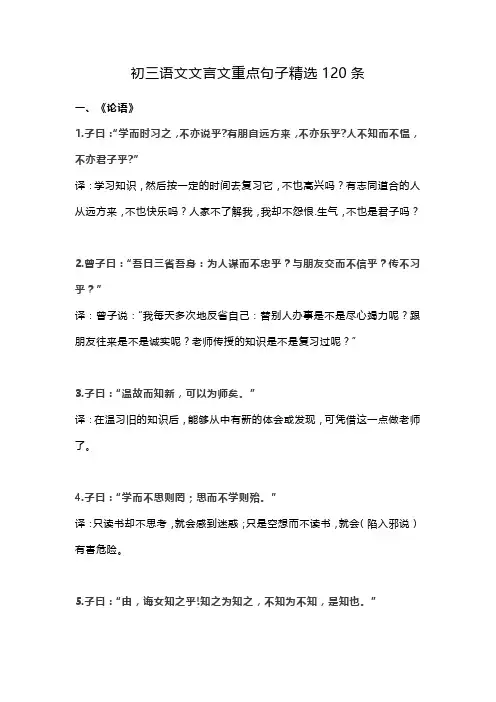 初三语文文言文重点句子精选120条