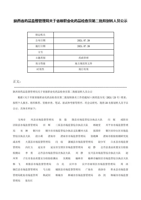 陕西省药品监督管理局关于省级职业化药品检查员第二批拟划转人员公示-