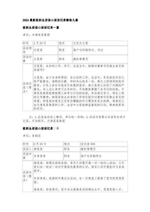 2024最新组织生活谈心谈话记录精选九篇