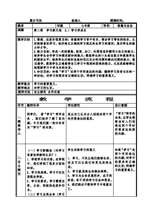 (精品)2016人教版《道德与法治》七年级上册教案：21学习伴成长(一)共3篇