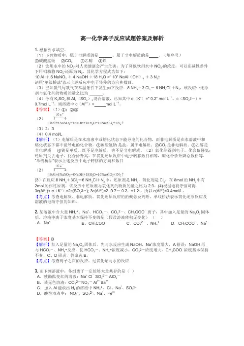 高一化学离子反应试题答案及解析
