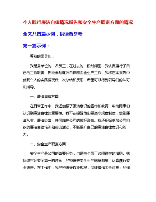 个人践行廉洁自律情况报告和安全生产职责方面的情况