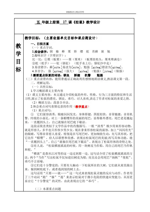 统编版人教版五年级上册语文教案-17《松鼠》- 