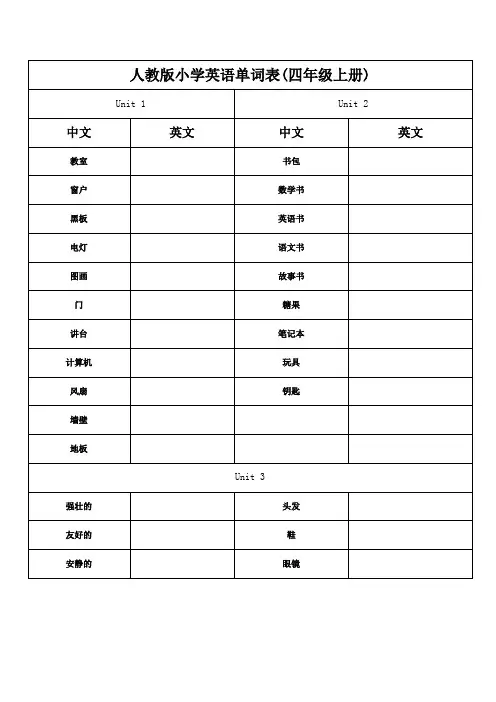 人教PEP版英语四年级 上下册单词默写