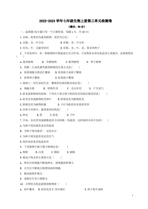 2022-2023学年人教版七年级生物上册第三单元检测卷附答案