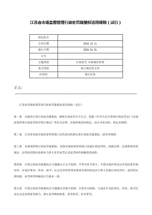 江苏省市场监督管理行政处罚裁量权适用规则（试行）-