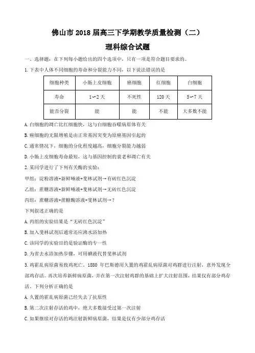 广东省佛山市2018届高三下学期教学质量检测二理综试题含答案