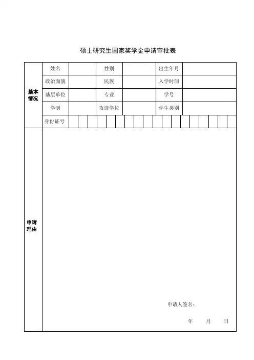 哈工大研究生国家奖学金申请审批表