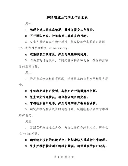 2024物业公司周工作计划表