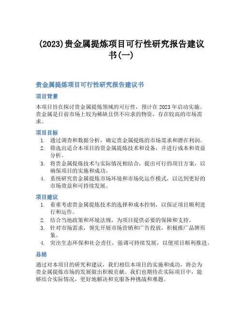 (2023)贵金属提炼项目可行性研究报告建议书(一)