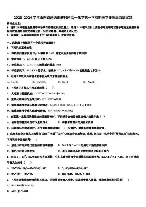 2023-2024学年山东省潍坊市教科所高一化学第一学期期末学业质量监测试题含解析